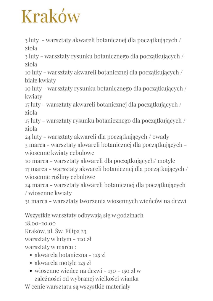Grafik warsztatów w Krakowie